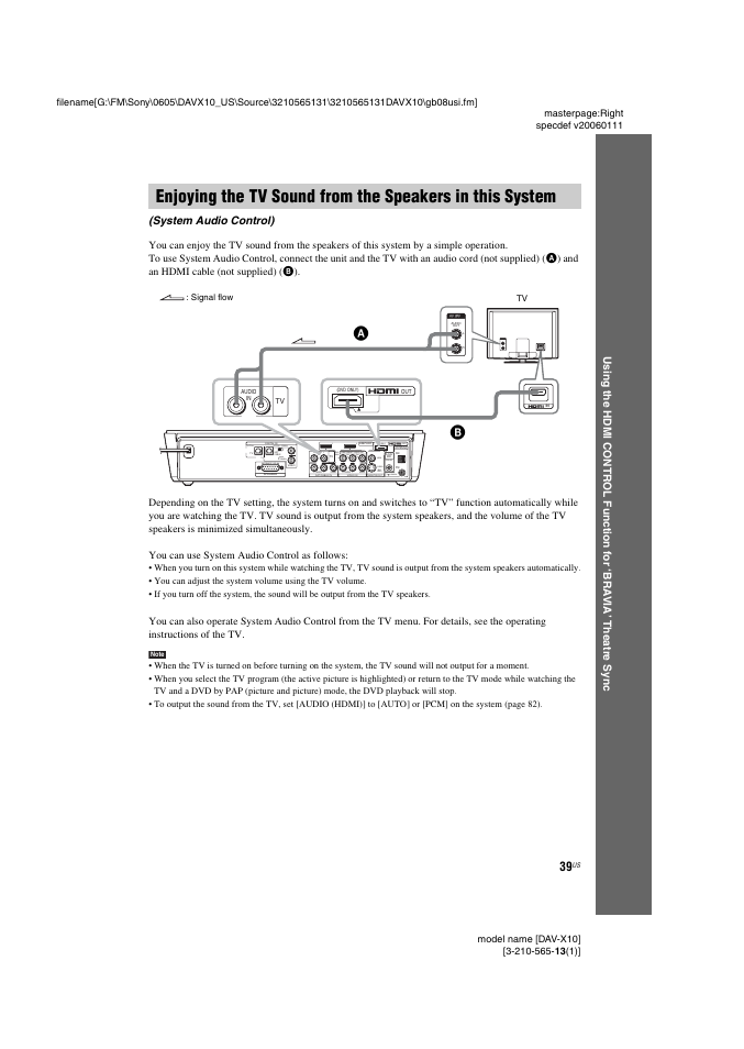 Enjoying the tv sound from the speakers, In this system (system audio control), System audio control) | Signal flow | Sony DAVX10 User Manual | Page 39 / 107