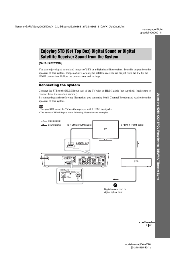 Connecting the system, Enjoying stb (set top box) digital, Stb synchro) | Continued, Digital coaxial cord or digital optical cord | Sony DAVX10 User Manual | Page 41 / 107