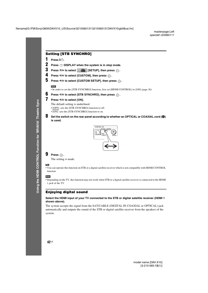 Setting [stb synchro, Enjoying digital sound | Sony DAVX10 User Manual | Page 42 / 107