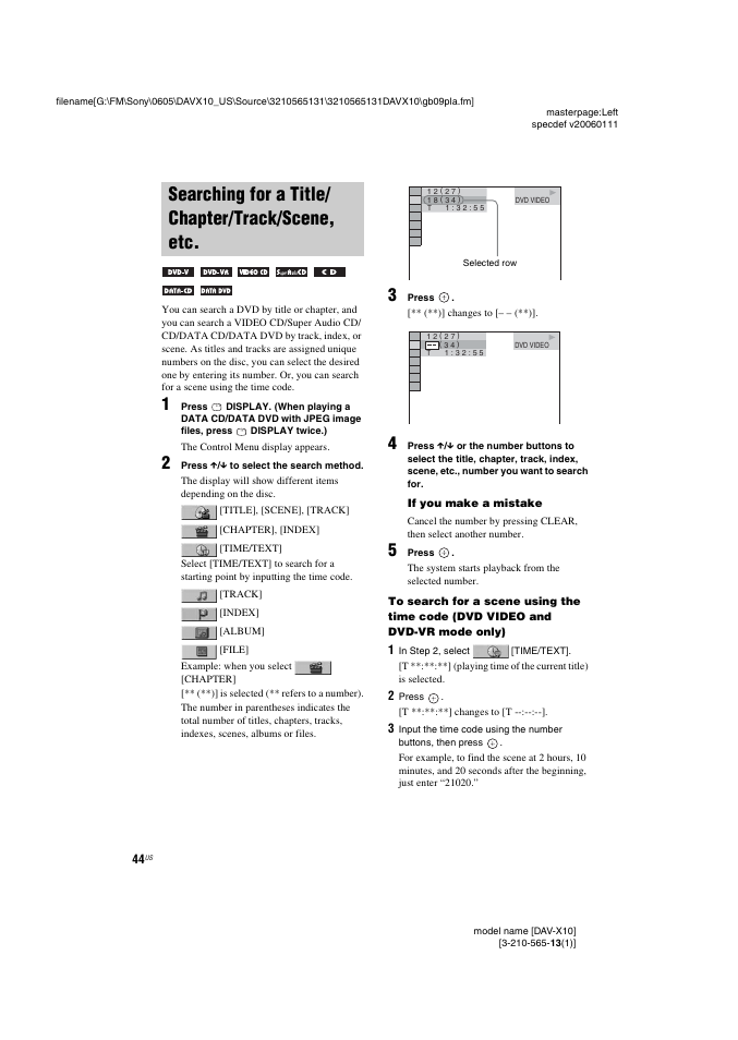 Searching for a title/ chapter/track/scene, etc, Searching for a title/chapter/track, Scene, etc | Sony DAVX10 User Manual | Page 44 / 107