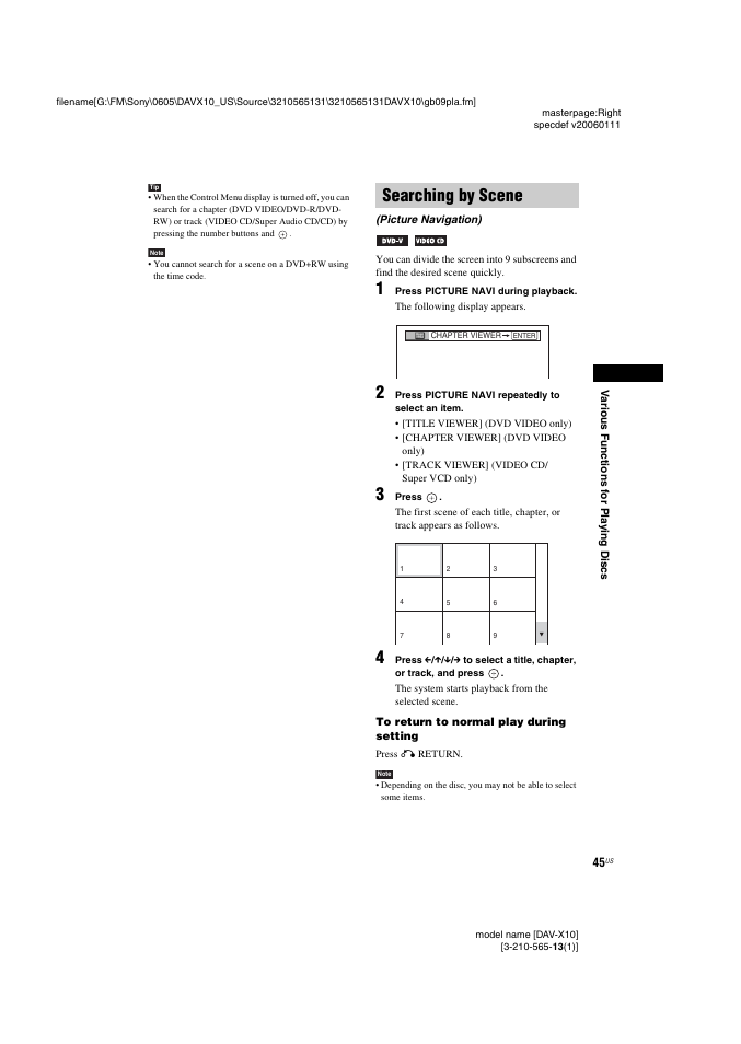 Searching by scene, Picture navigation) | Sony DAVX10 User Manual | Page 45 / 107