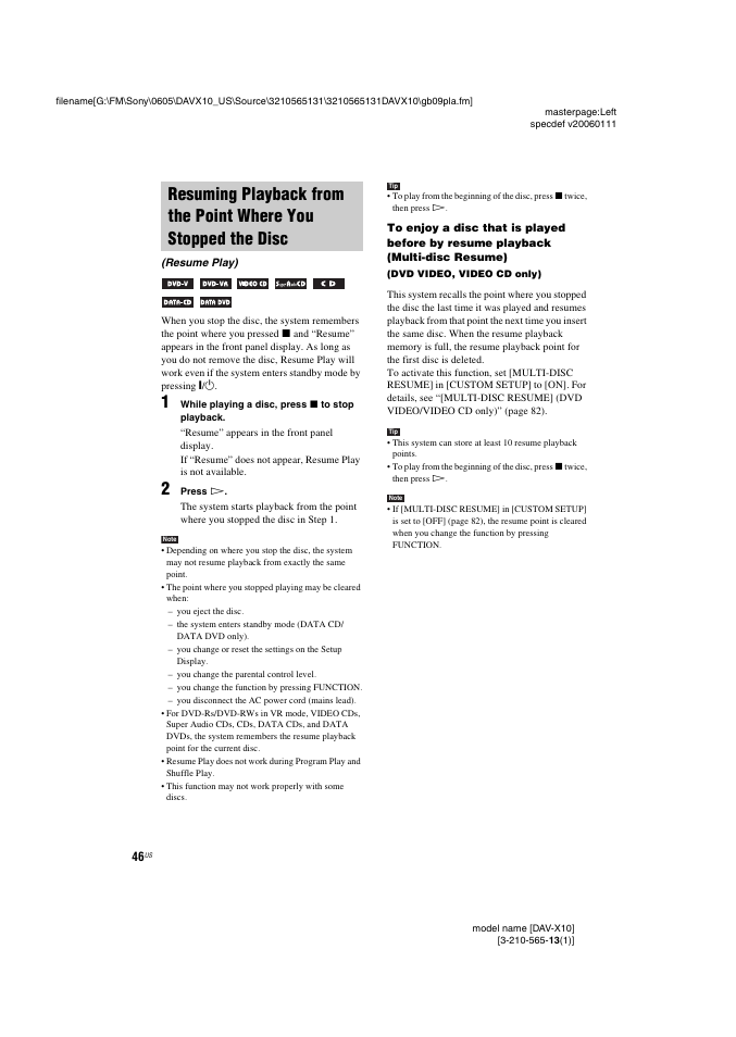 Resuming playback from the point where, You stopped the disc (resume play) | Sony DAVX10 User Manual | Page 46 / 107