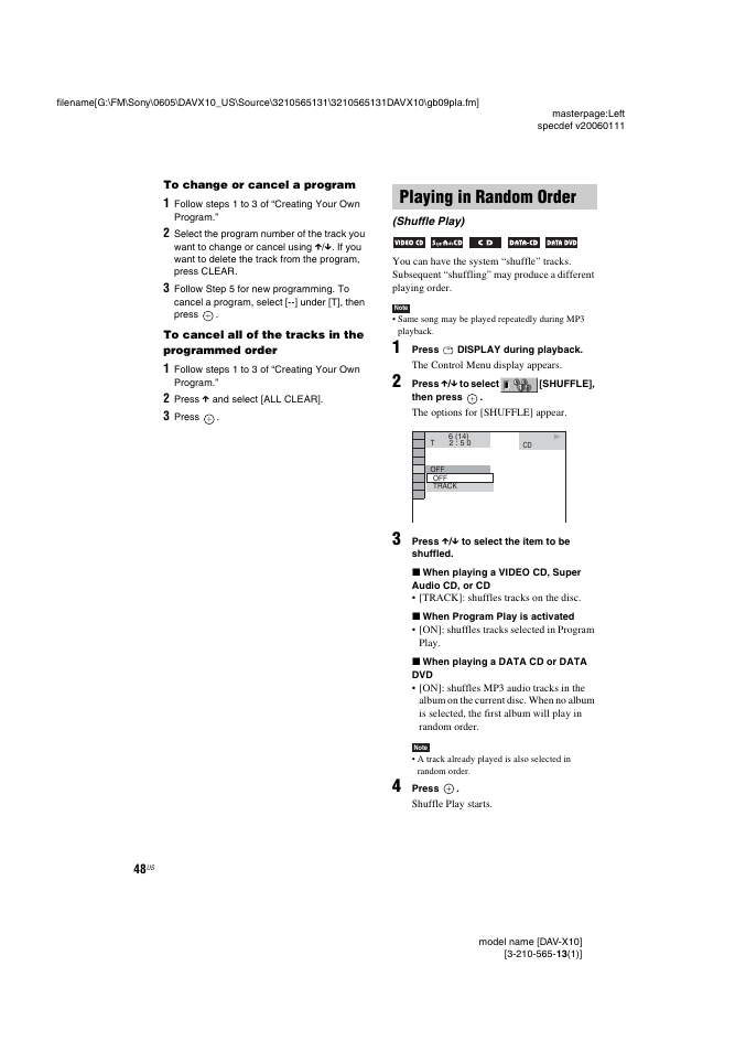 Playing in random order, Shuffle play) | Sony DAVX10 User Manual | Page 48 / 107