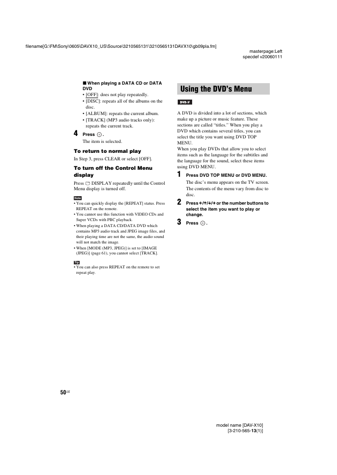 Using the dvd’s menu | Sony DAVX10 User Manual | Page 50 / 107