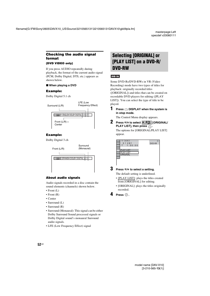 Checking the audio signal format, Selecting [original] or [play list, On a dvd-r/dvd-rw | Sony DAVX10 User Manual | Page 52 / 107