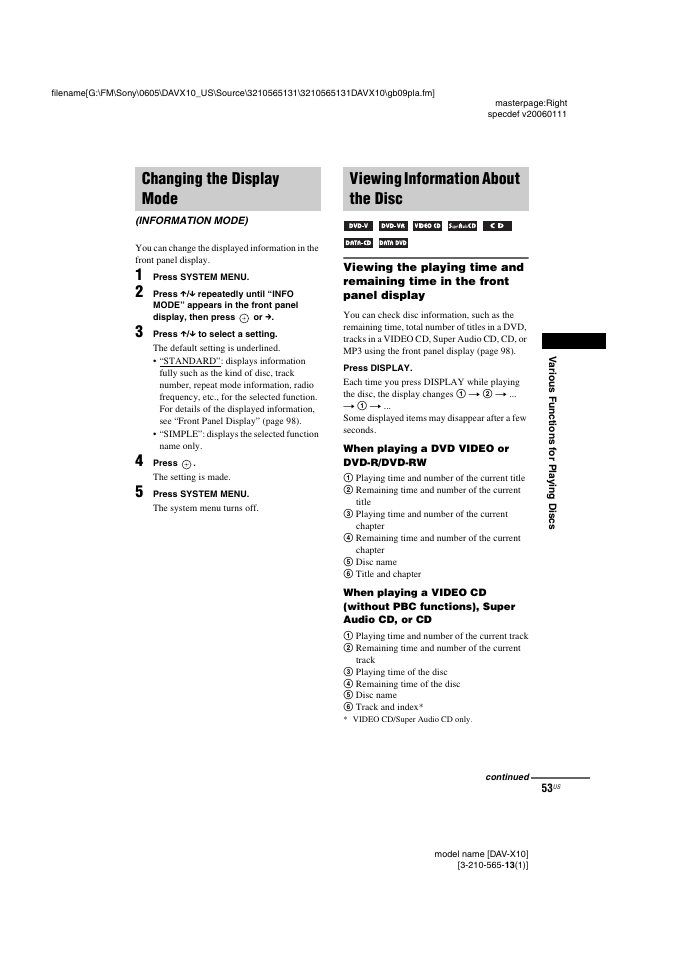 Changing the display mode, Viewing information about the disc, Information mode) | Sony DAVX10 User Manual | Page 53 / 107