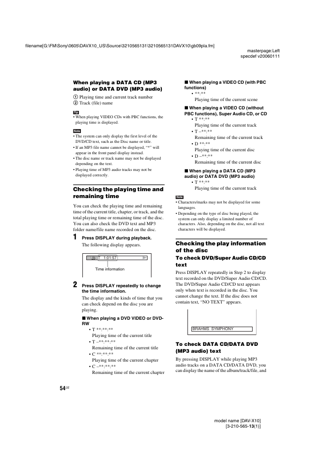 Checking the playing time and remaining time, Checking the play information of the disc | Sony DAVX10 User Manual | Page 54 / 107