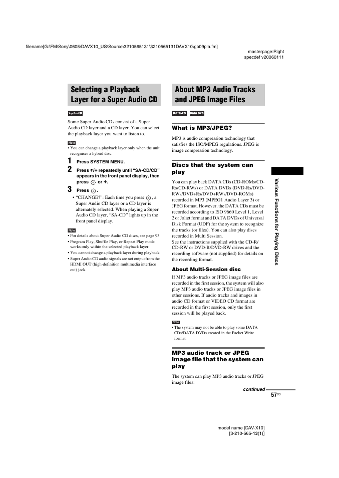 Selecting a playback layer for a super audio cd, About mp3 audio tracks and jpeg image files, What is mp3/jpeg | Discs that the system can play, Selecting a playback layer for a super, Audio cd, About mp3 audio tracks and jpeg, Image files | Sony DAVX10 User Manual | Page 57 / 107