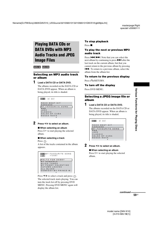 Selecting an mp3 audio track or album, Selecting a jpeg image file or album, Playing data cds or data dvds with | Mp3 audio tracks and jpeg image files | Sony DAVX10 User Manual | Page 59 / 107