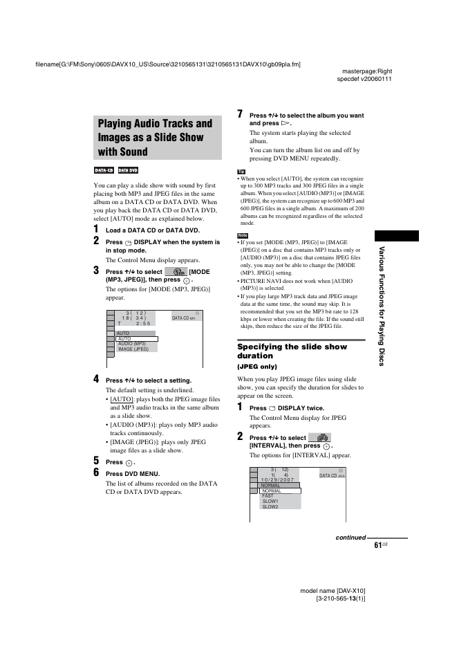 Specifying the slide show duration, Playing audio tracks and images as a, Slide show with sound | Sony DAVX10 User Manual | Page 61 / 107