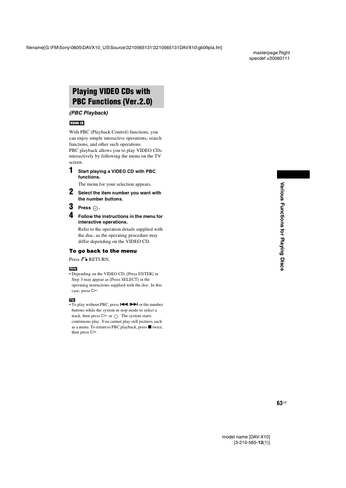 Playing video cds with pbc functions (ver.2.0), Playing video cds with pbc functions, Ver.2.0) (pbc playback) | Sony DAVX10 User Manual | Page 63 / 107