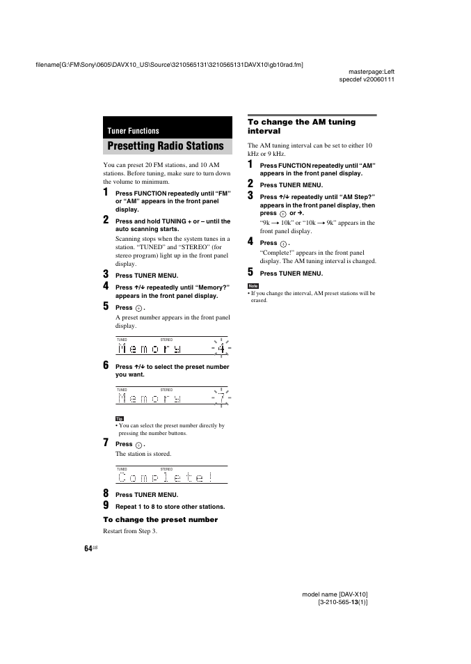 Tuner functions, Presetting radio stations, To change the am tuning interval | Sony DAVX10 User Manual | Page 64 / 107