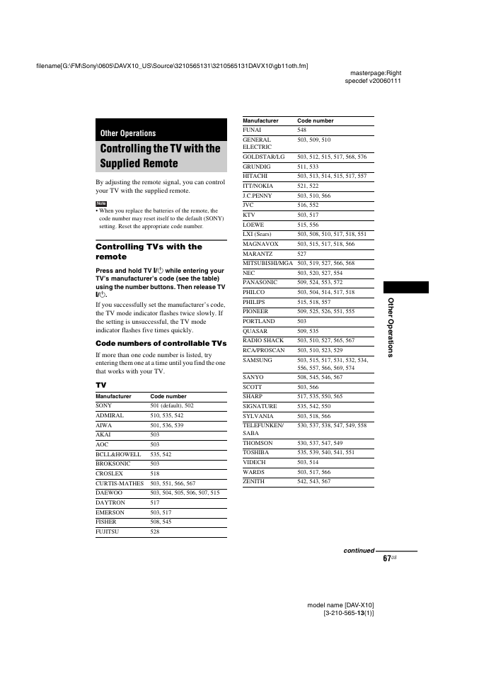 Other operations, Controlling the tv with the supplied remote, Controlling tvs with the remote | Controlling the tv with the supplied, Remote | Sony DAVX10 User Manual | Page 67 / 107