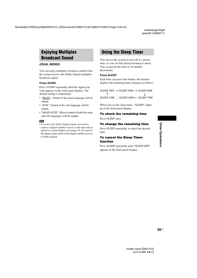 Enjoying multiplex broadcast sound, Using the sleep timer, Enjoying multiplex broadcast | Sound (dual mono) | Sony DAVX10 User Manual | Page 69 / 107