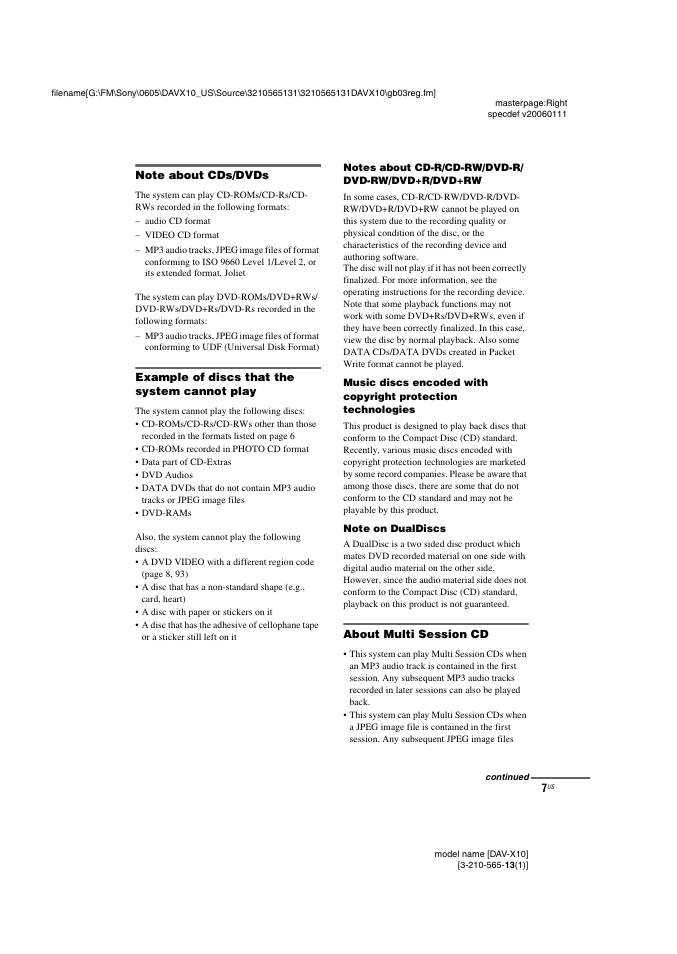 Note about cds/dvds, Example of discs that the system cannot play, About multi session cd | Sony DAVX10 User Manual | Page 7 / 107