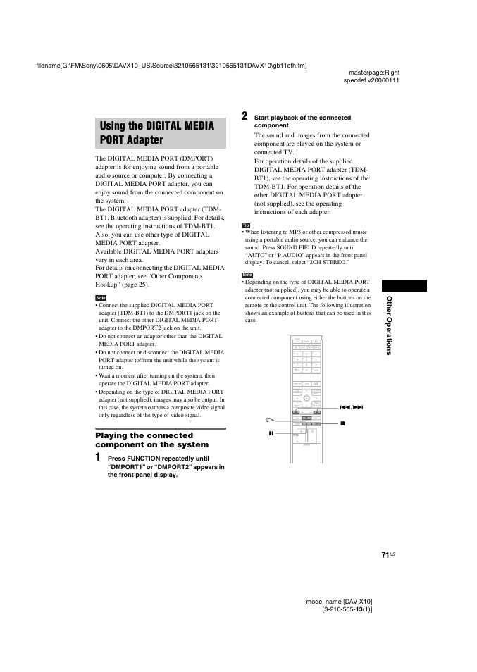 Using the digital media port adapter, Playing the connected component on the system, Using the digital media port | Adapter | Sony DAVX10 User Manual | Page 71 / 107