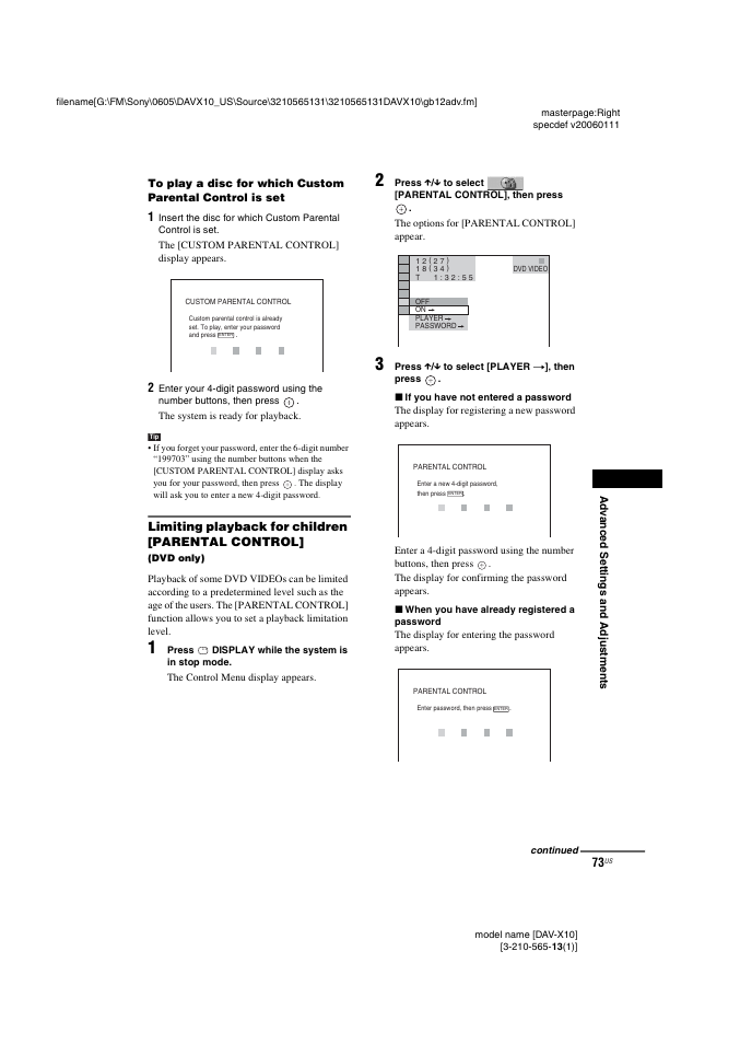 Limiting playback for children [parental control | Sony DAVX10 User Manual | Page 73 / 107