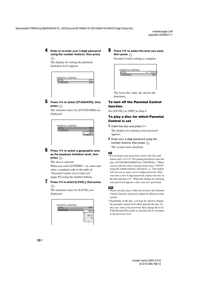 Sony DAVX10 User Manual | Page 74 / 107