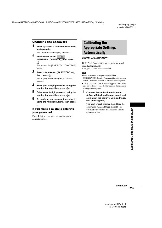 Changing the password, Calibrating the appropriate settings automatically, Calibrating the appropriate settings | Automatically (auto calibration) | Sony DAVX10 User Manual | Page 75 / 107