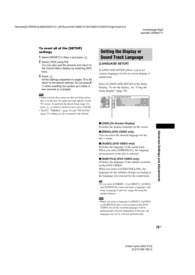 Setting the display or sound track language, Setting the display or sound track, Language [language setup | Sony DAVX10 User Manual | Page 79 / 107