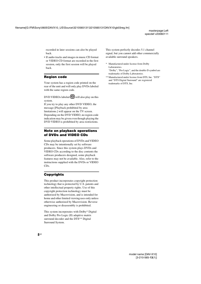 Region code, Note on playback operations of dvds and video cds, Copyrights | Sony DAVX10 User Manual | Page 8 / 107