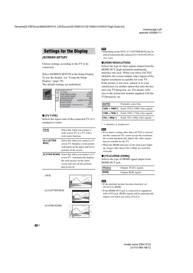 Settings for the display, Screen setup | Sony DAVX10 User Manual | Page 80 / 107