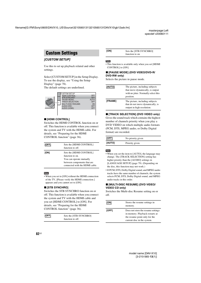 Custom settings, Custom setup | Sony DAVX10 User Manual | Page 82 / 107