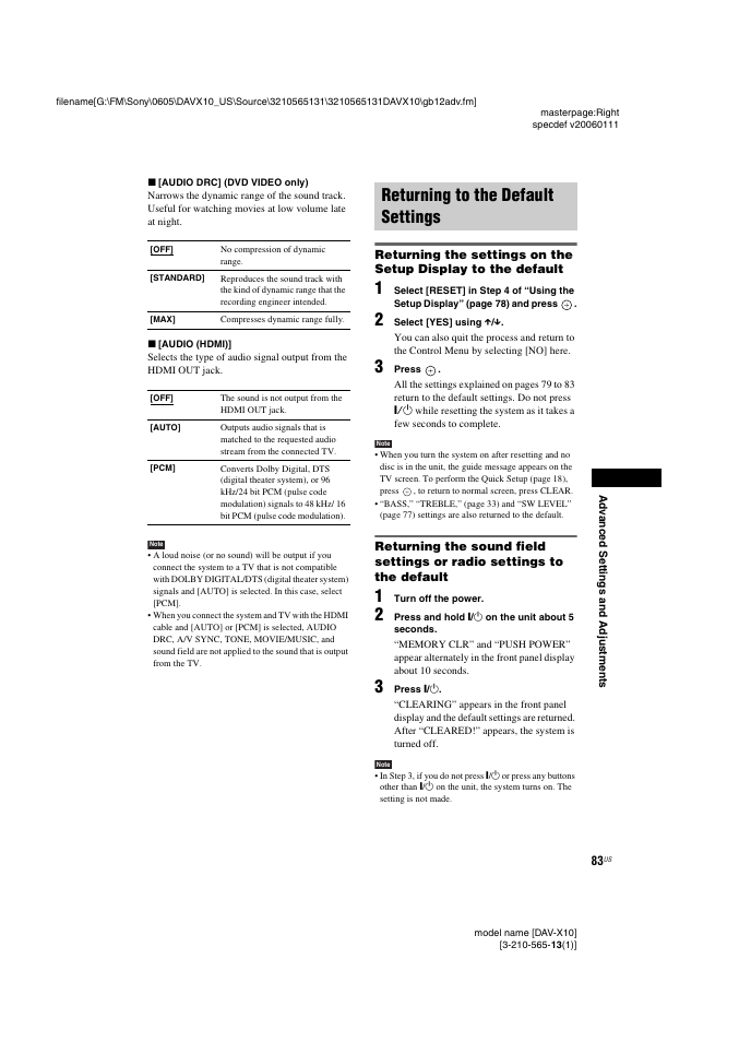 Returning to the default settings | Sony DAVX10 User Manual | Page 83 / 107