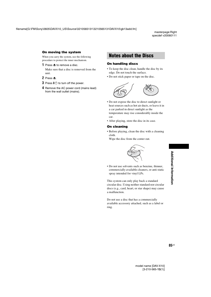 Notes about the discs | Sony DAVX10 User Manual | Page 85 / 107