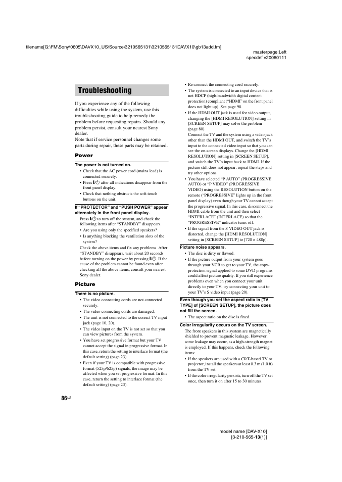 Troubleshooting | Sony DAVX10 User Manual | Page 86 / 107