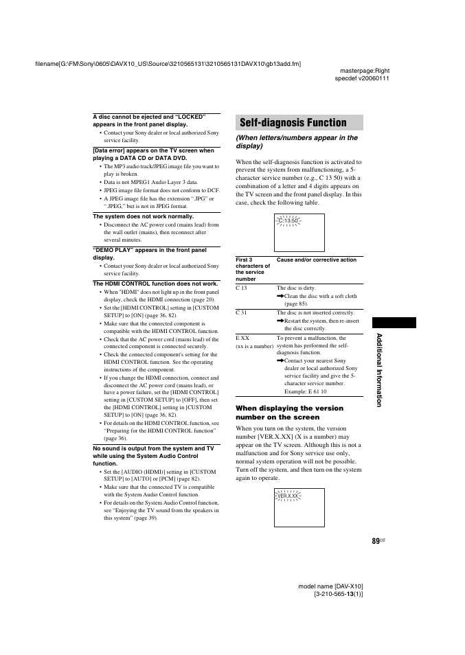 Self-diagnosis function, When letters/numbers appear in the display) | Sony DAVX10 User Manual | Page 89 / 107