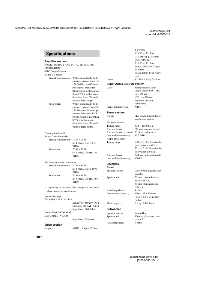 Specifications | Sony DAVX10 User Manual | Page 90 / 107