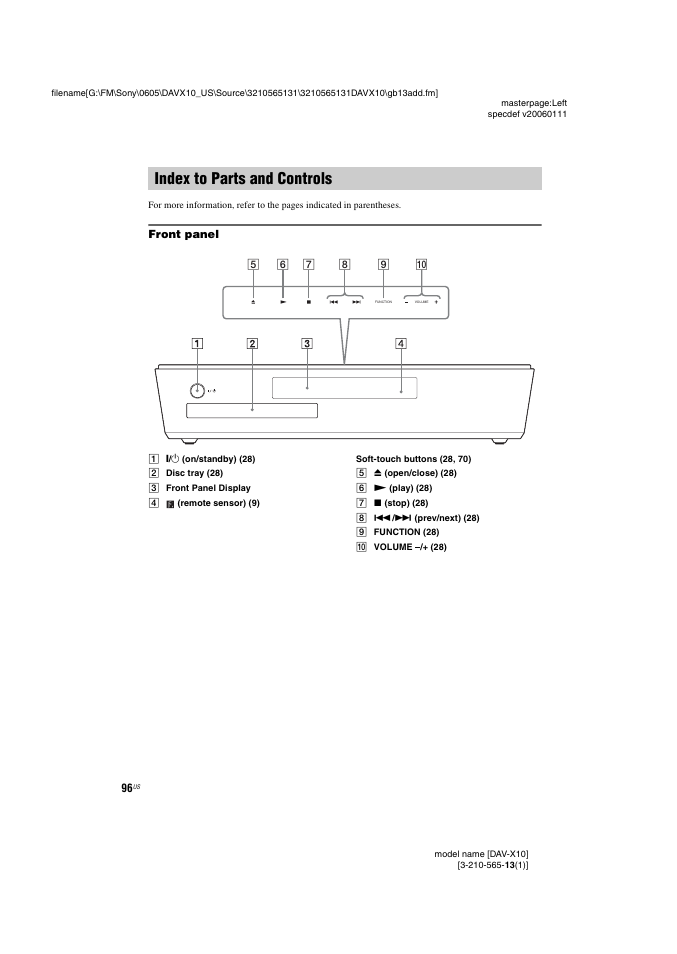 Index to parts and controls, Front panel | Sony DAVX10 User Manual | Page 96 / 107