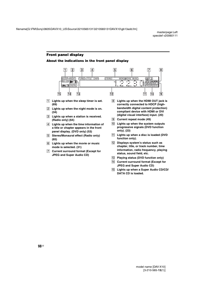 Front panel display | Sony DAVX10 User Manual | Page 98 / 107