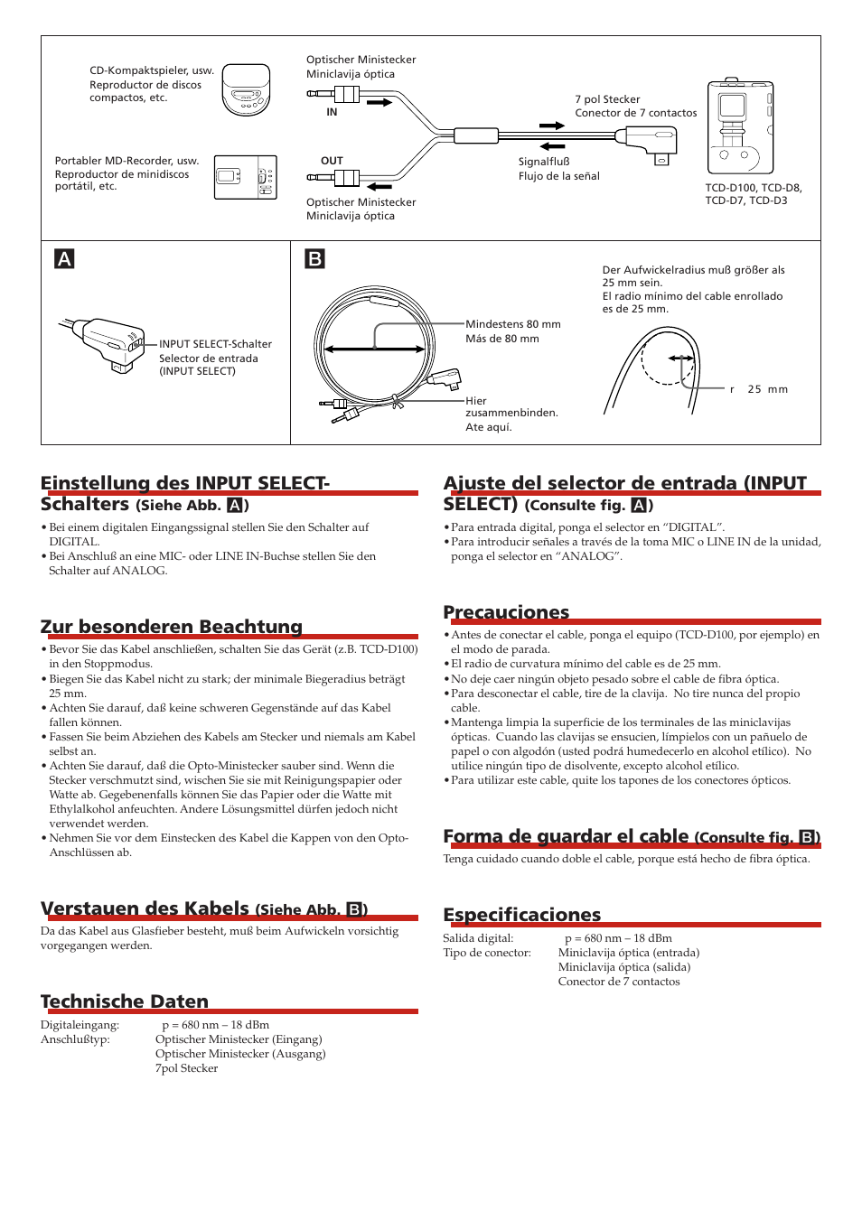 Einstellung des input select- schalters, Zur besonderen beachtung, Verstauen des kabels | Technische daten, Ab ajuste del selector de entrada (input select), Precauciones, Forma de guardar el cable, Especificaciones | Sony POC-DA12SP User Manual | Page 2 / 2