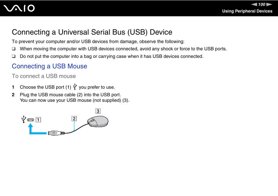 Connecting a universal serial bus (usb) device, Connecting a usb mouse | Sony VAIO VGN-Z500 Series User Manual | Page 100 / 239