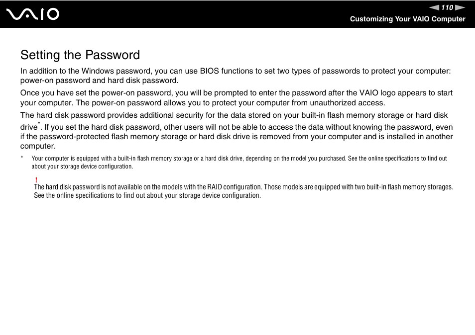 Setting the password | Sony VAIO VGN-Z500 Series User Manual | Page 110 / 239