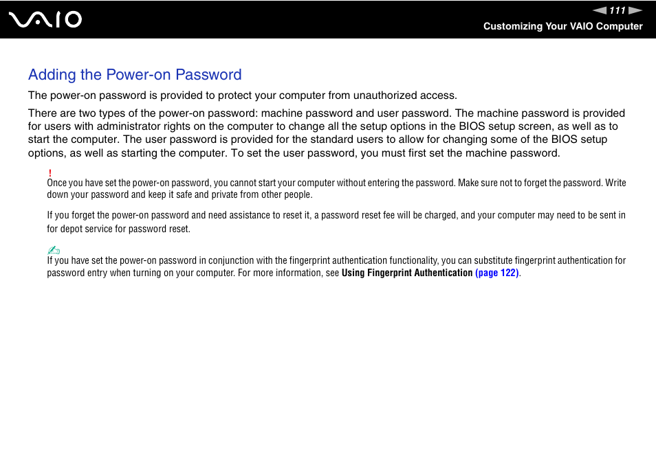 Adding the power-on password | Sony VAIO VGN-Z500 Series User Manual | Page 111 / 239