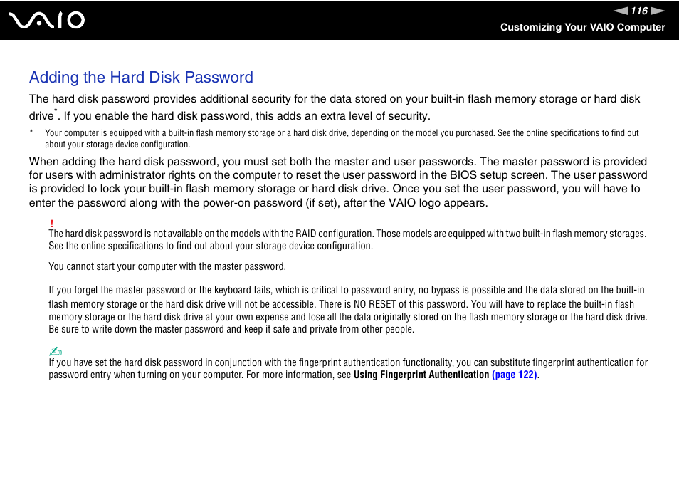 Adding the hard disk password | Sony VAIO VGN-Z500 Series User Manual | Page 116 / 239