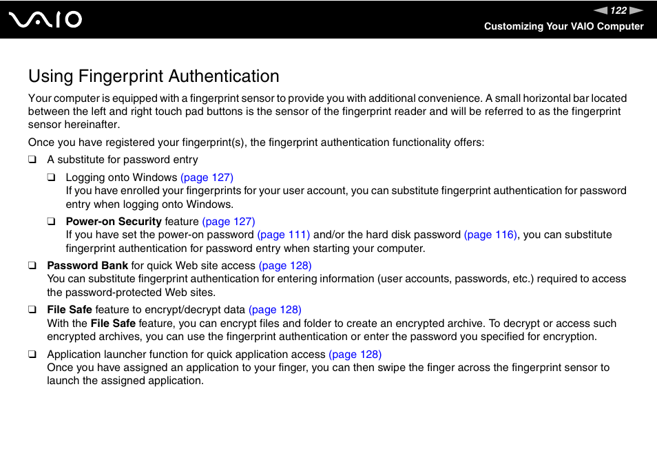 Using fingerprint authentication | Sony VAIO VGN-Z500 Series User Manual | Page 122 / 239