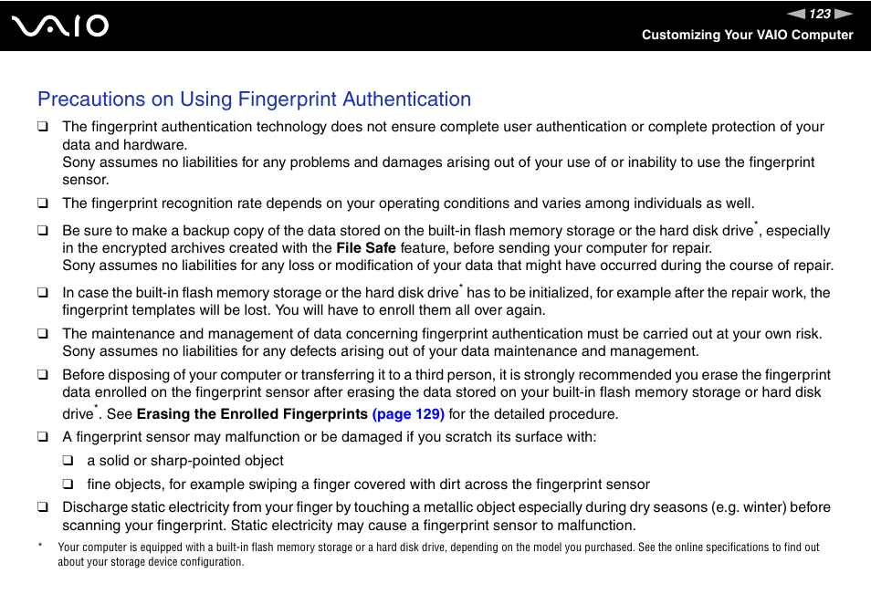 Precautions on using fingerprint authentication | Sony VAIO VGN-Z500 Series User Manual | Page 123 / 239