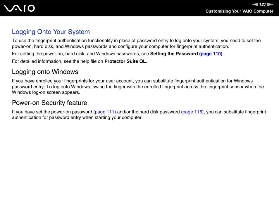 Logging onto your system, Logging onto windows, Power-on security feature | Sony VAIO VGN-Z500 Series User Manual | Page 127 / 239