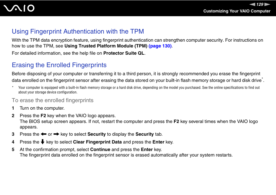 Using fingerprint authentication with the tpm, Erasing the enrolled fingerprints | Sony VAIO VGN-Z500 Series User Manual | Page 129 / 239