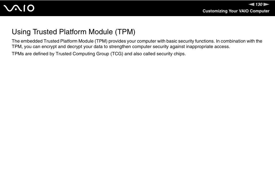 Using trusted platform module (tpm) | Sony VAIO VGN-Z500 Series User Manual | Page 130 / 239