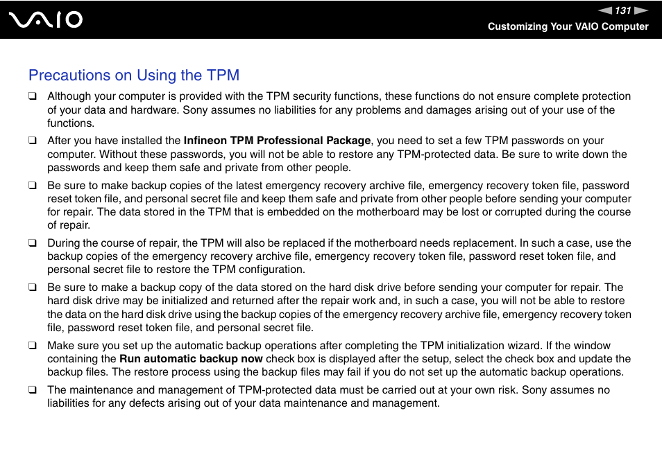 Precautions on using the tpm | Sony VAIO VGN-Z500 Series User Manual | Page 131 / 239