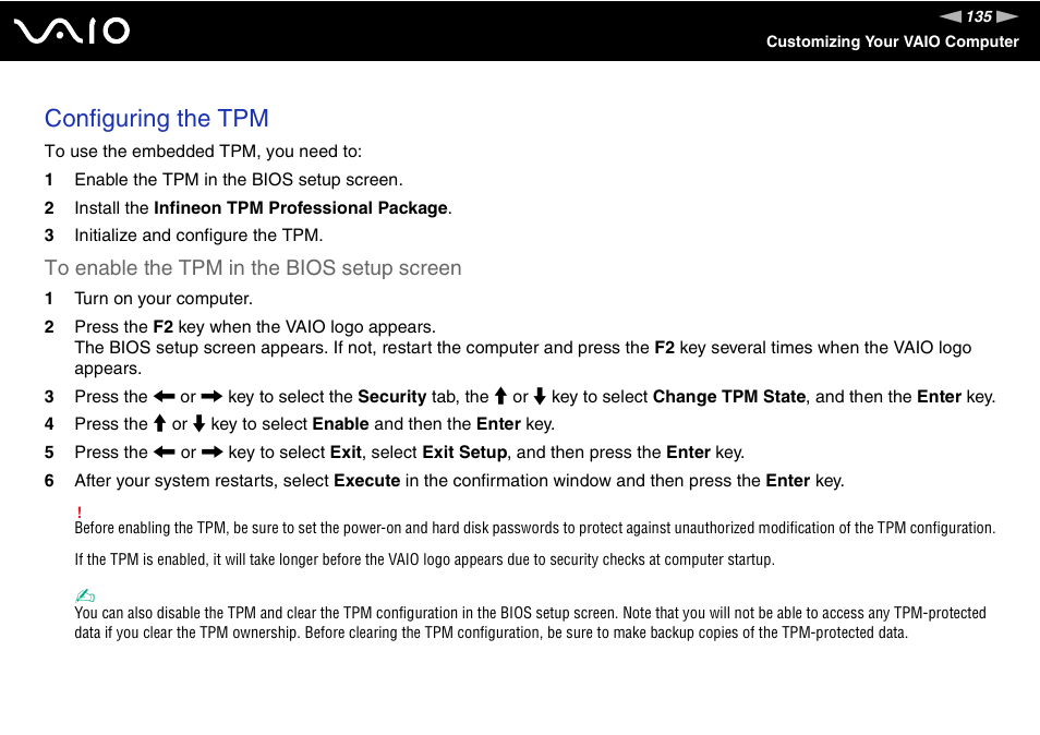 Configuring the tpm | Sony VAIO VGN-Z500 Series User Manual | Page 135 / 239