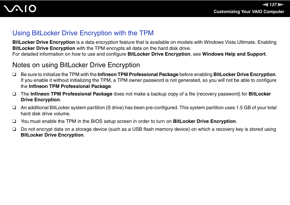 Using bitlocker drive encryption with the tpm | Sony VAIO VGN-Z500 Series User Manual | Page 137 / 239