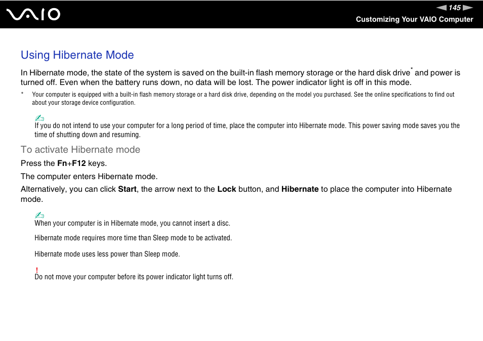 Using hibernate mode | Sony VAIO VGN-Z500 Series User Manual | Page 145 / 239