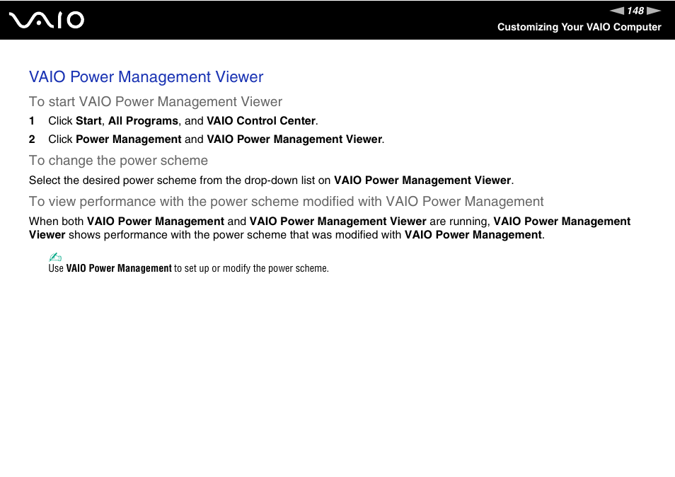 Vaio power management viewer | Sony VAIO VGN-Z500 Series User Manual | Page 148 / 239