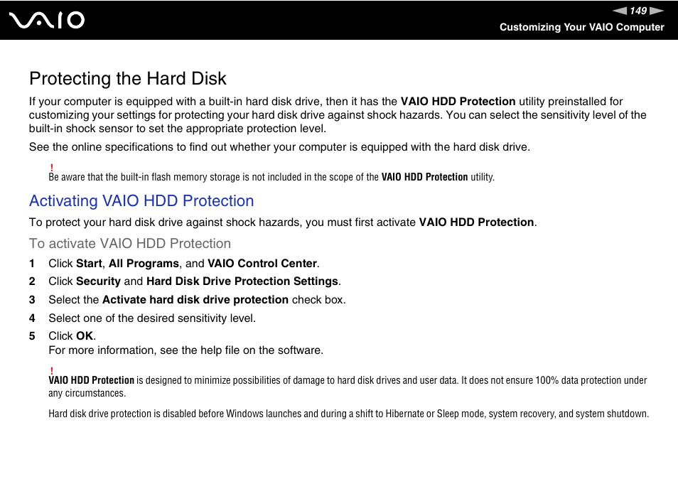 Protecting the hard disk, Activating vaio hdd protection | Sony VAIO VGN-Z500 Series User Manual | Page 149 / 239